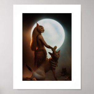 Póster Egyptian cat goddess Bastet with her cat