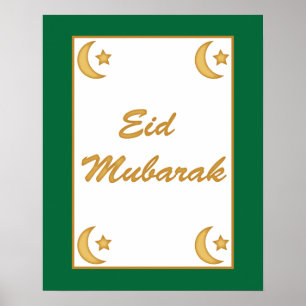Póster Eid al Fitr Eid Mubarak Green Gold Moon Stars
