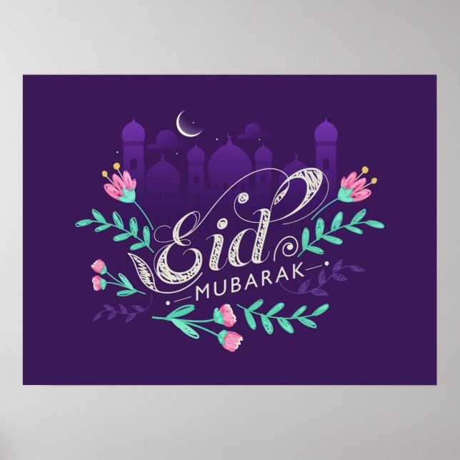 Póster Eid mubarak con flores mezquitas y Poster de la lu (Frente)