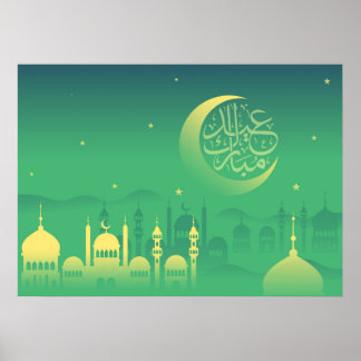 Póster Eid mubarak con una mezquita en la noche