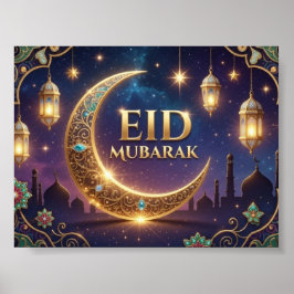 Póster Eid Mubarak elegante oro y azul marino