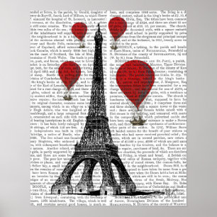Póster Eiffel Tower and Red Hot Air Balloons