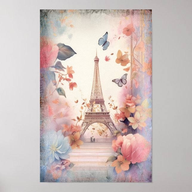 Póster Eiffel Tower Butterflies and Flowers (Frente)