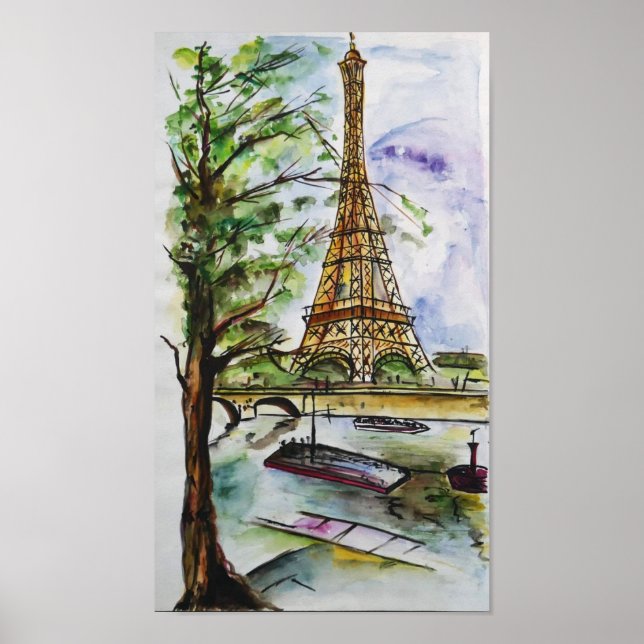 Póster Eiffel Tower Paris Watercolor – River View (Frente)