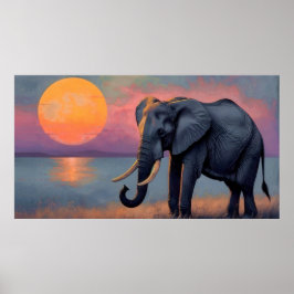 Póster Einsamer Elefant am majestätischen Sonnenuntergang