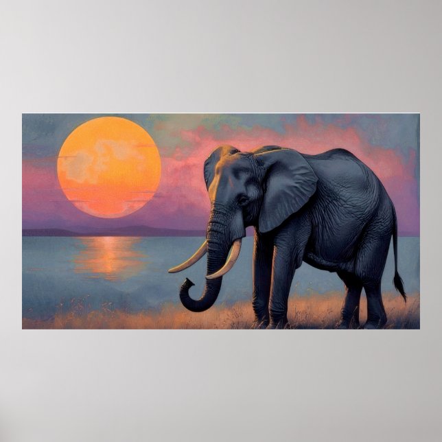 Póster Einsamer Elefant am majestätischen Sonnenuntergang (Frente)