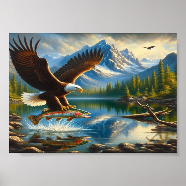 Póster El águila majestuosa capturando una trucha de lago (Frente)