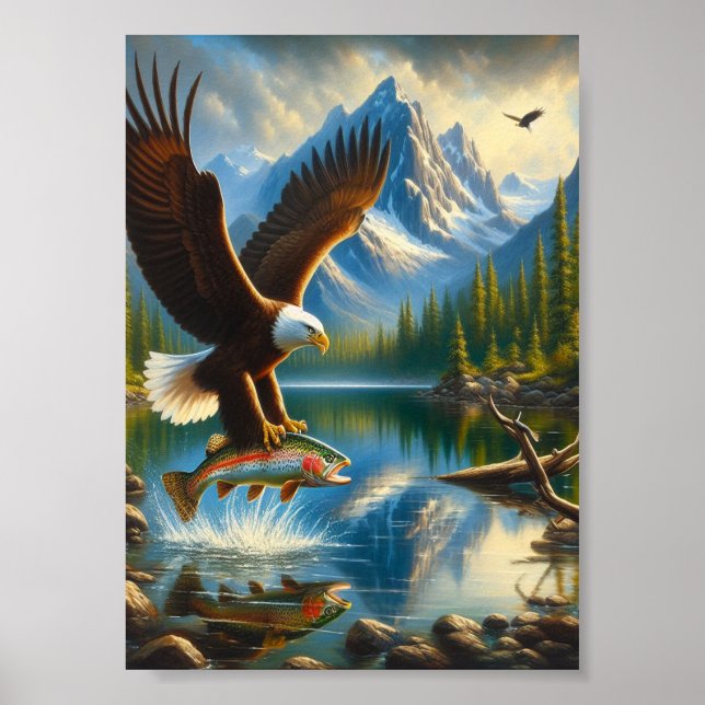 Póster El águila majestuosa capturando una trucha de lago (Frente)