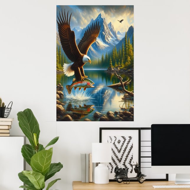 Póster El Águila Majestuosa Capturando Una Trucha De Lago (Oficina en casa)