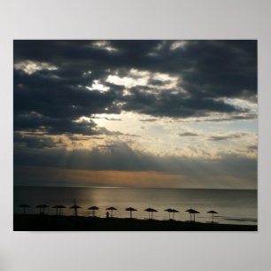Póster El amanecer en la playa de Grecia. Fotografía pano