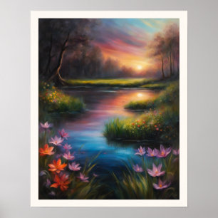Póster El amanecer en una colorida reflexión en el prado 