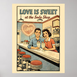 Póster El amor es dulce en la tienda de soda Retro Batido