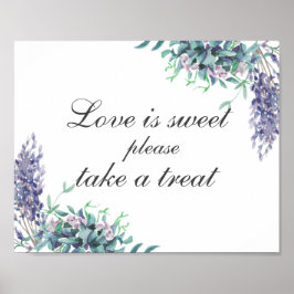 Póster El amor es dulce, toma un regalo. Flores púrpuras.