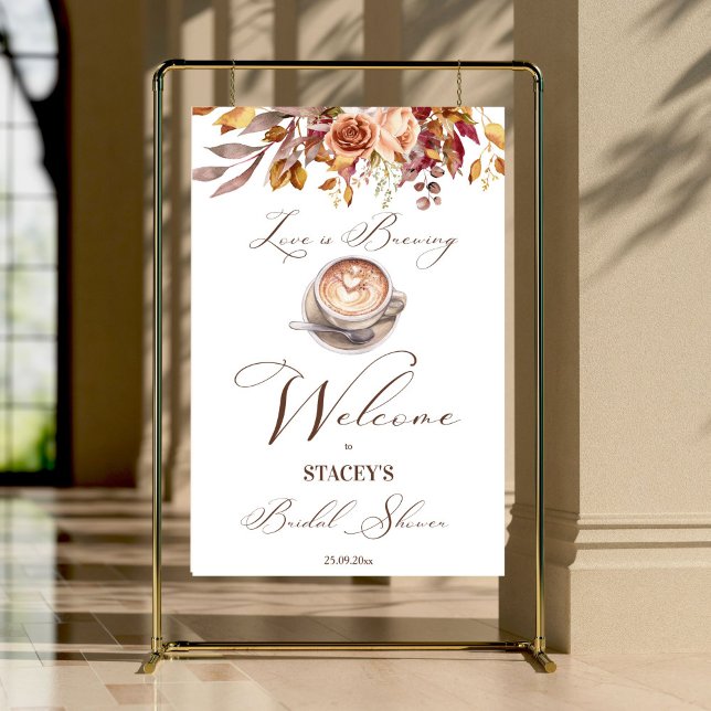 Póster El amor es preparar café otoño la bienvenida a la  (Love is brewing coffee fall bridal shower welcome sign poster template personalized entrance decor)