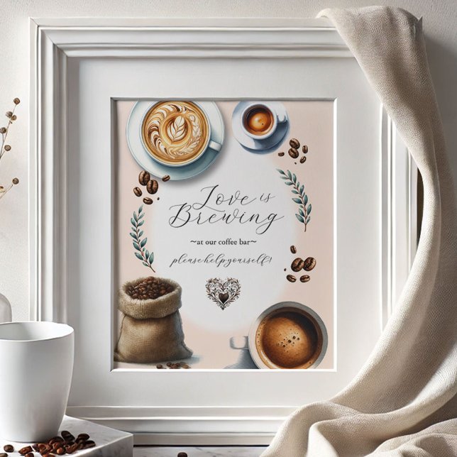 Póster El amor es producir Rótulo de tabletop bar café (Bridal shower supplies coffee bar sign Love is Brewing theme)