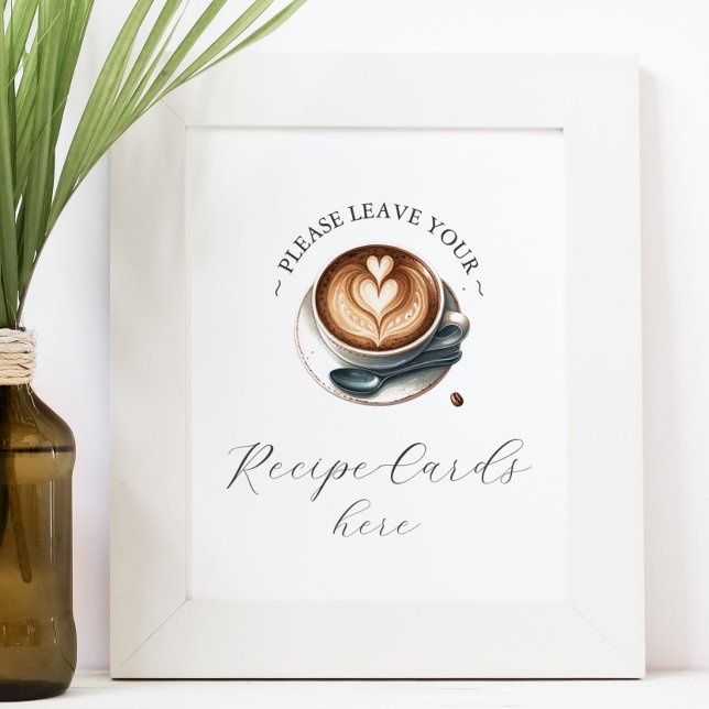 Póster El amor es producir Rótulo de tarjetas de recetas  (Recipe cards sign love is brewing theme illustrated latte and heart shaped foam. )