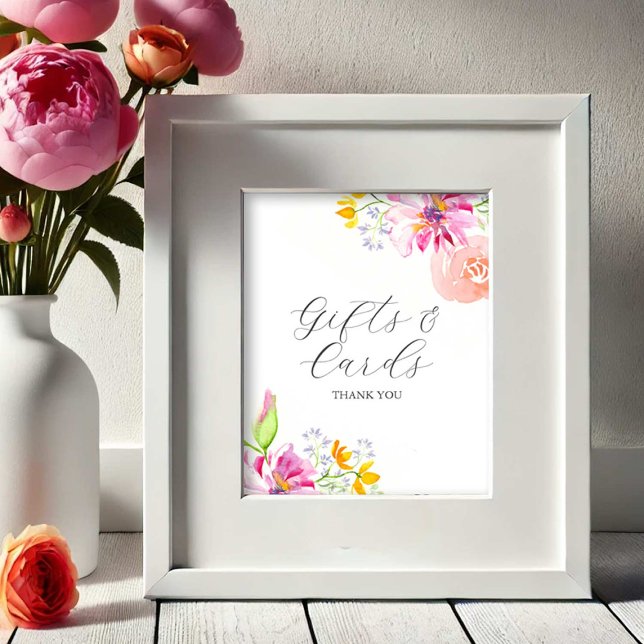 Póster El amor está en las tarjetas de ducha de novia y e (Cards and gifts bridal shower sign watercolor pink and orange flowers by Victoria Grigaliunas )