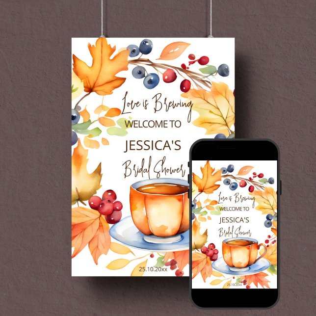 Póster El amor está fraguando el otoño el signo de bienve (Love is brewing fall bridal tea party bridal shower template welcome sign poster digital download)