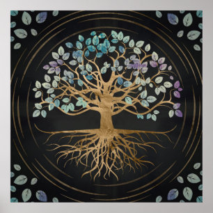 Póster El árbol de la vida - Yggdrasil - oro y pintó
