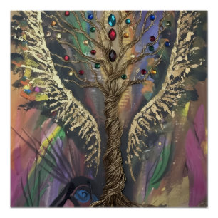 Póster El árbol divino de la vida alas celestiales y joya