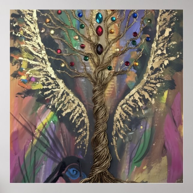 Póster El Árbol Divino De La Vida alas celestiales y joya (Frente)