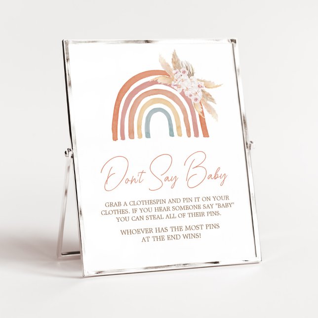 Póster El arcoiris de pampas rosadas no dice bebé (Girl Boho Rainbow Baby Shower Don't Say Baby Sign)