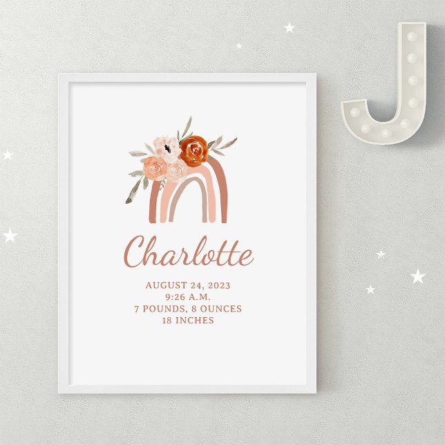 Póster El arcoiris del Boho | Estadísticas de recién naci (A cute, boho baby birth stats poster with a terracotta rainbow and flowers)