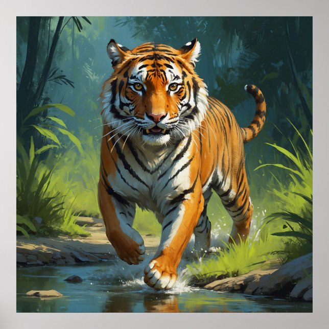 Póster El asombroso tigre corriendo en la pintura de la j (Frente)