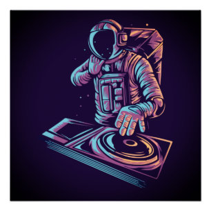 Póster El astronauta DJ Disk Jockey toca música en el es