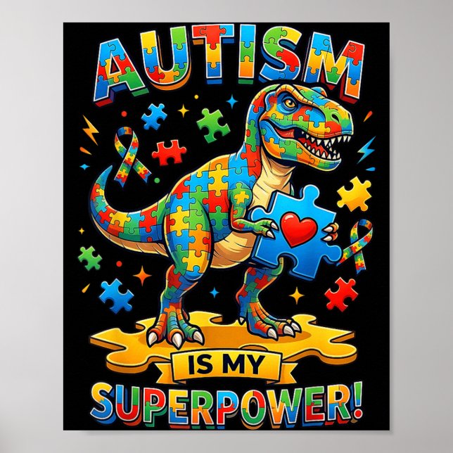 Póster El autismo es superpoder T-rex Dino Conciencia del (Frente)