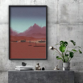 Póster El auto está estacionado en el paisaje de las mont