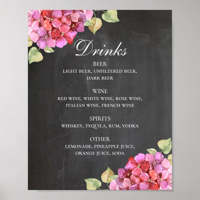 Póster El bar de bebidas alcohólicas boda Chalkboard. Flo (Frente)