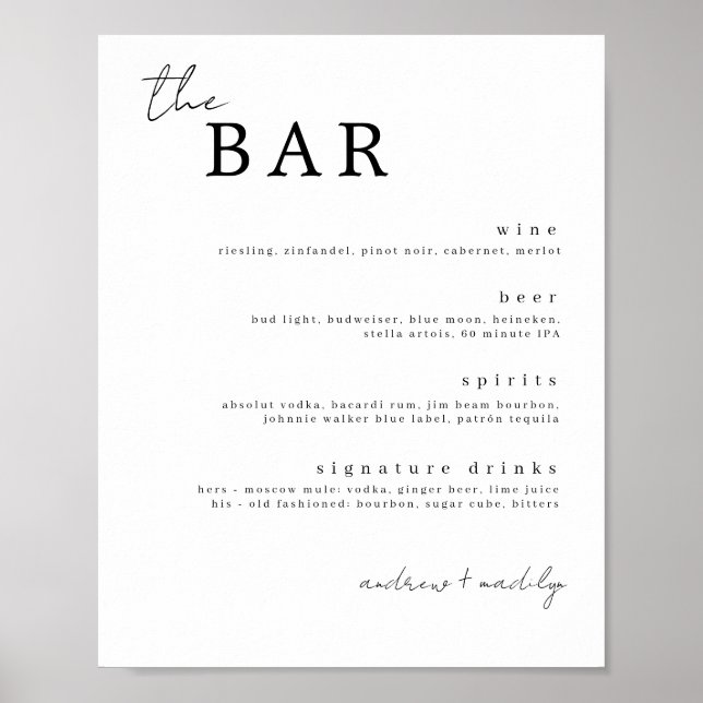 Póster El bar Rótulo de bebidas Minimalistas (Frente)