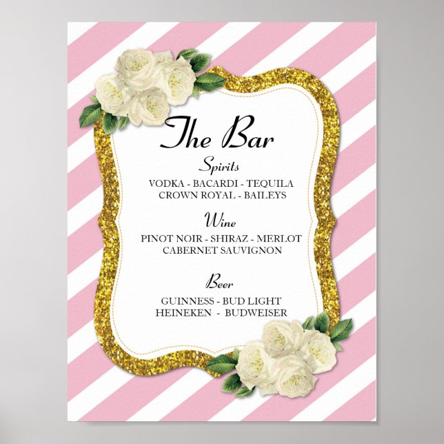Póster El bar Rótulo Stripe Pink Wedding Recepción (Frente)