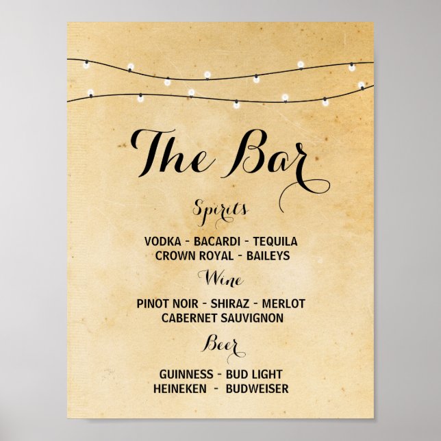 Póster El Bar Rústica Luces Evento Rótulo Boda Recepción (Frente)