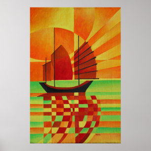 Póster El barco basura en el mar de Green Cubist Abstract