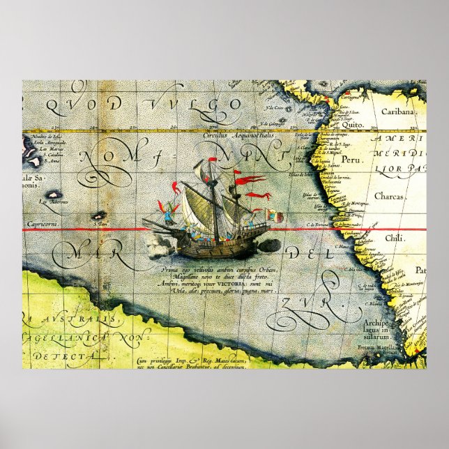 Póster El barco Victoria de Magallanes, Mapa Antiguo del  (Frente)