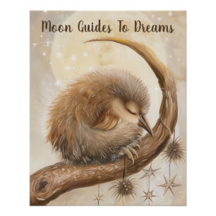 Póster El bebé de pájaro Kiwi durmiendo en la luna
