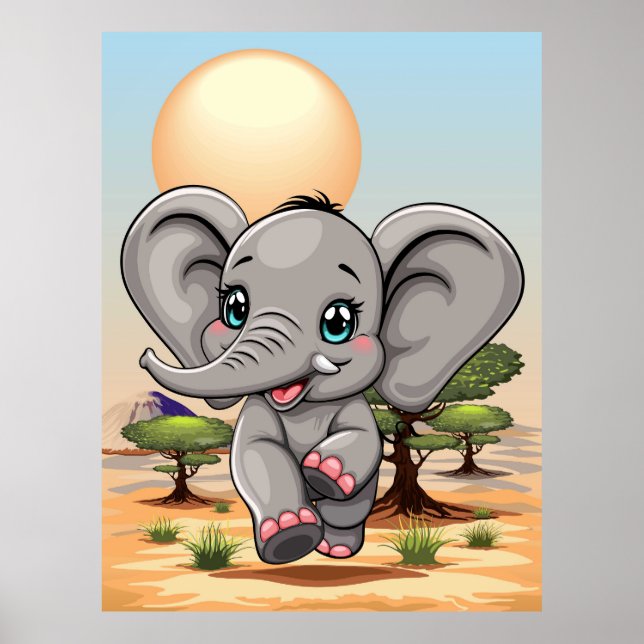 Póster El bebé elefante salta feliz en la sabana africana (Frente)