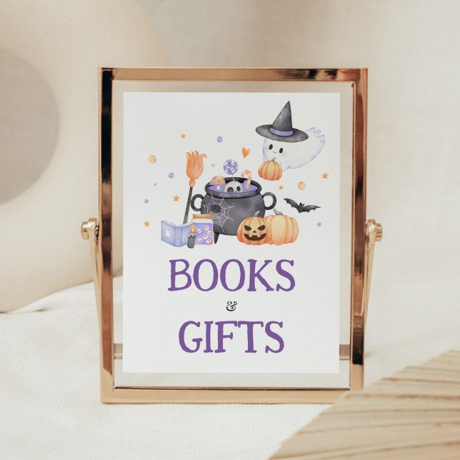 Póster El bebé está preparando libros y regalos morados (Baby is Brewing Baby Shower Books and Gifts Sign)