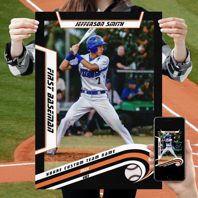 Póster El béisbol se queda con el animado Personalizado n (Baseball Player Poster in Black and Orange with Custom Team Name and dynamic White Elements)