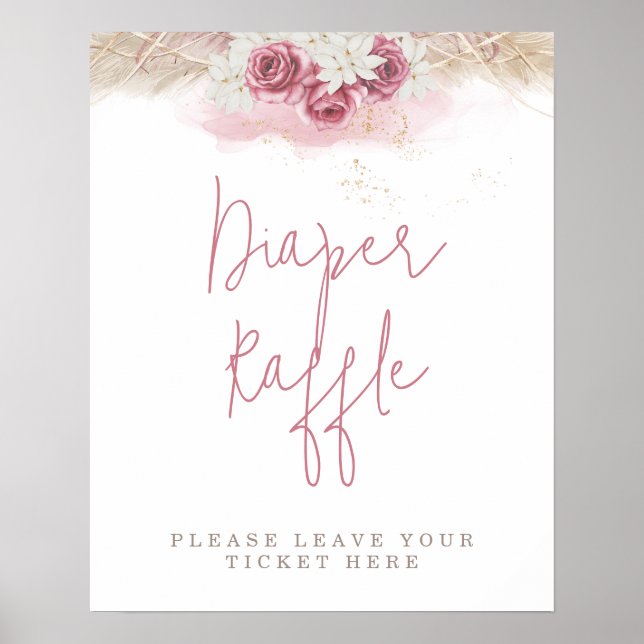 Póster El Boho Tropical Rosa Rosas Raffle Baby Shower Dia (Frente)