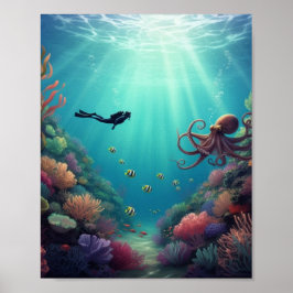 Póster El buceador mancha una criatura marina