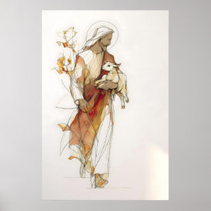 Póster El Buen Pastor Jesús Con Cordero Línea Minimalista