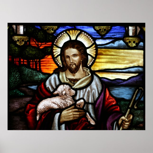 Póster El Buen Pastor; Jesús en vidrios manchados (Frente)