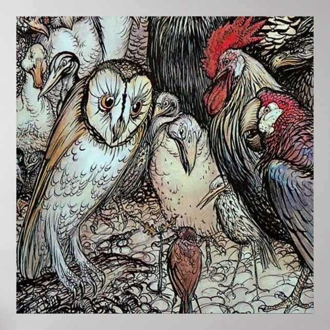 Póster "El búho y los pájaros" de Arthur Rackham (Frente)