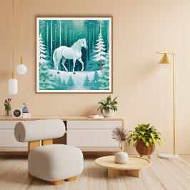 Póster El caballo blanco en el bosque verde