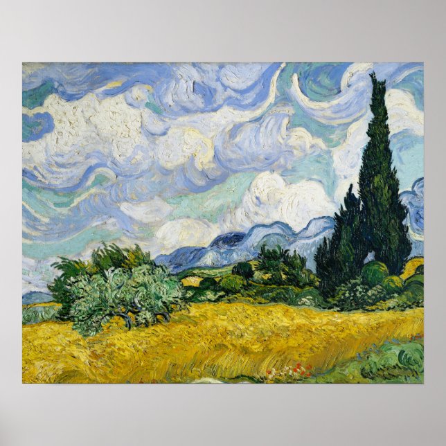 Póster El campo de trigo de Vincent Van Gogh con cipreses (Frente)