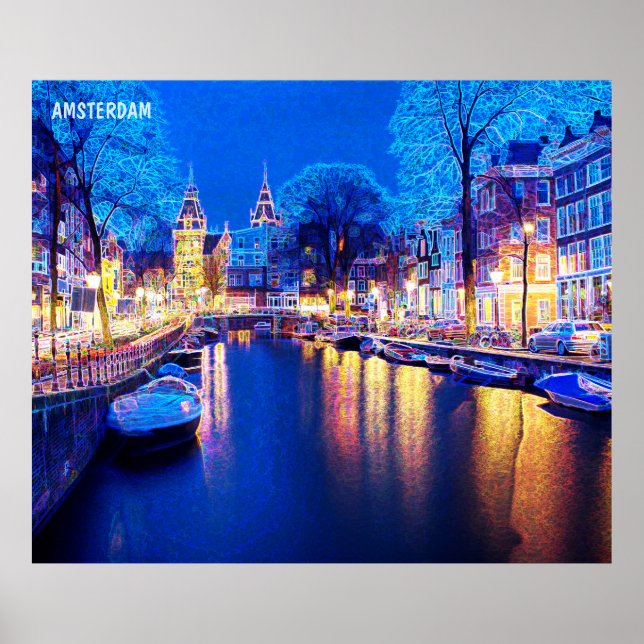 Póster El Canal De Amsterdam De Invierno De Noche Con Bar (Frente)