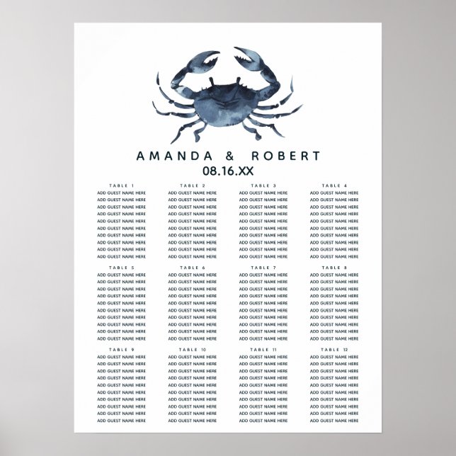 Póster El cangrejo azul | Cuadro de asientos de Bodas náu (Frente)
